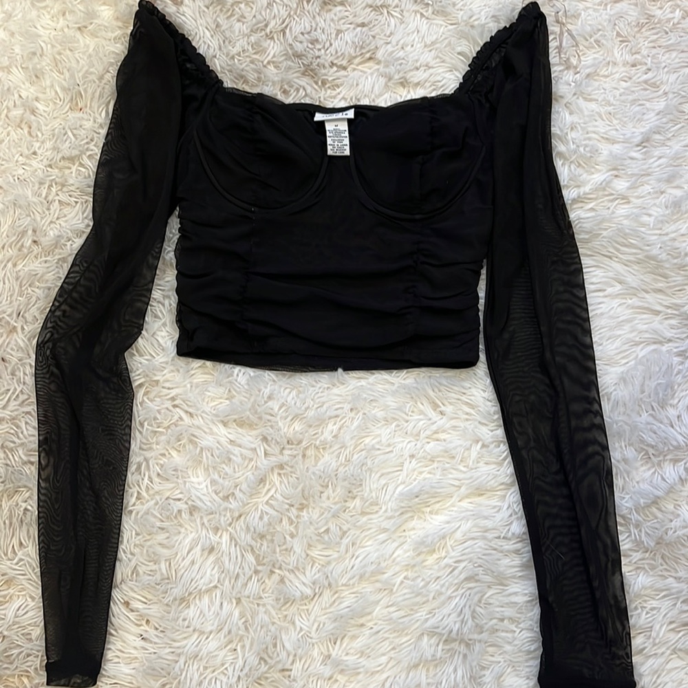 Black ruched sheer cop corset style top